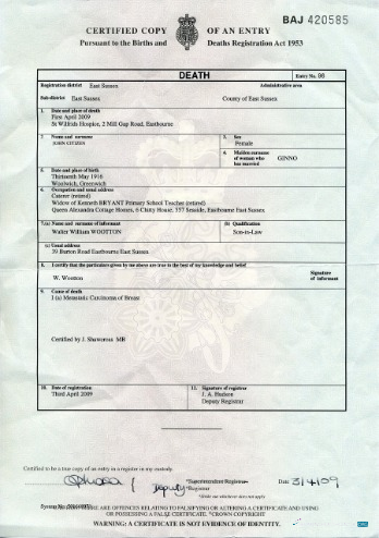 Download UK Births and deaths Registry of East Sussex death certificate Photoshop template